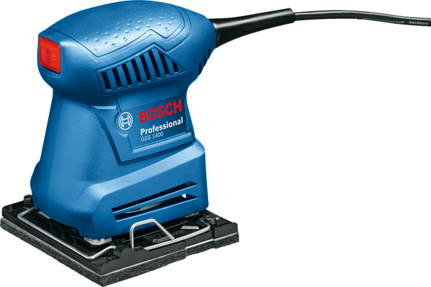 Bosch 1400 軌道砂光機，配有小巧砂光板。